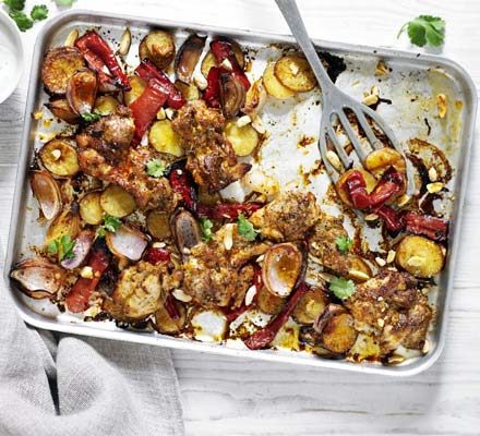 Cover image of “Chicken, red pepper & almond traybake”