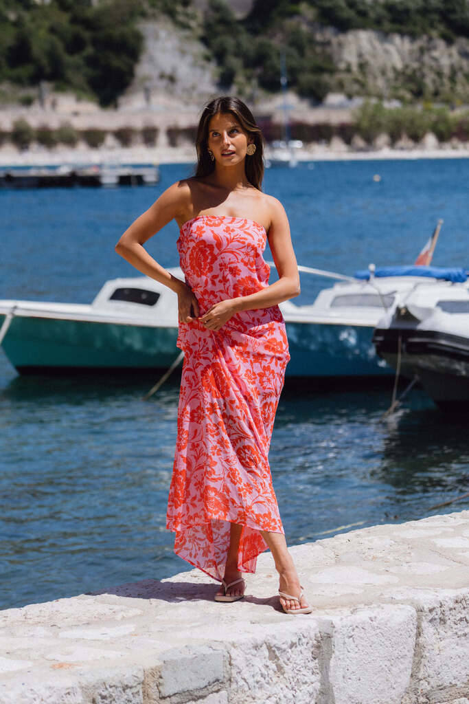 Cover image of “Mon Cheri Pink Floral Strapless Maxi Dress”