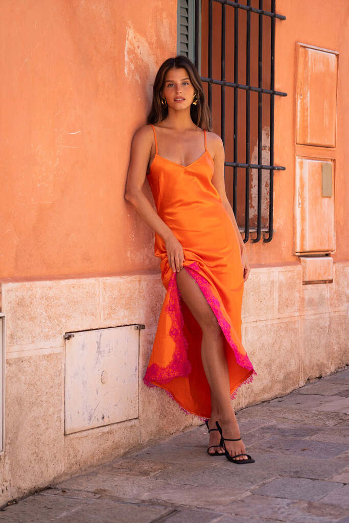 Cover image of “Gigi Orange Satin Maxi Dress”