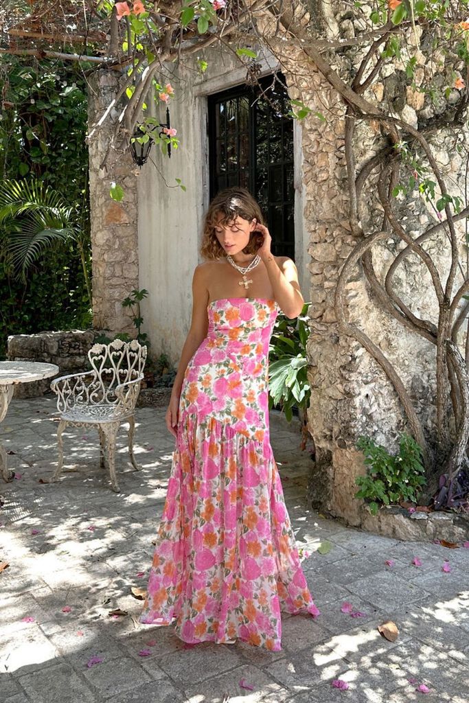 Cover image of “LaBelle Strapless Drop Waist Pink Floral Maxi Dress”