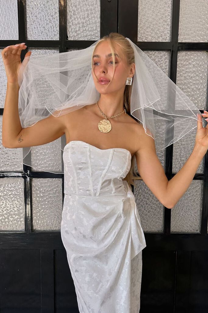 Cover image of “Brighton White Strapless Satin Wrap Dress”