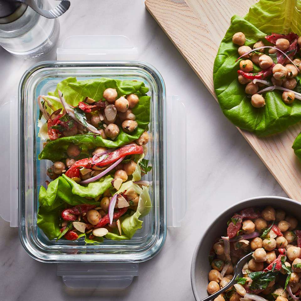 Cover image of “Chickpea & Roasted Red Pepper Lettuce Wraps with Tahini Dressing”