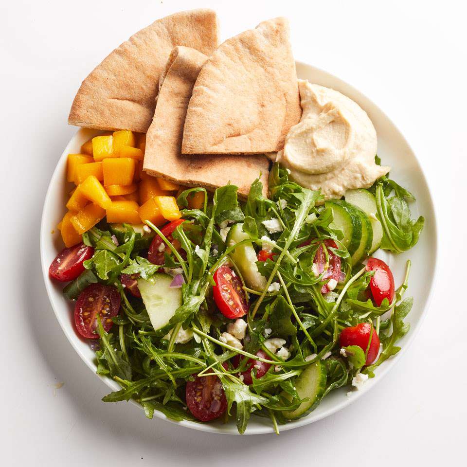 Cover image of “Cucumber, Tomato & Arugula Salad with Hummus”