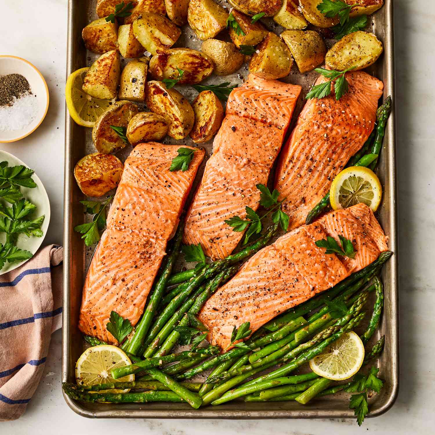 Cover image of “Garlic Butter-Roasted Salmon with Potatoes & Asparagus”